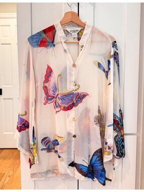 Citron Santa Monica Size Medium Colorful Button Down Style Silk Blouse Butterfly